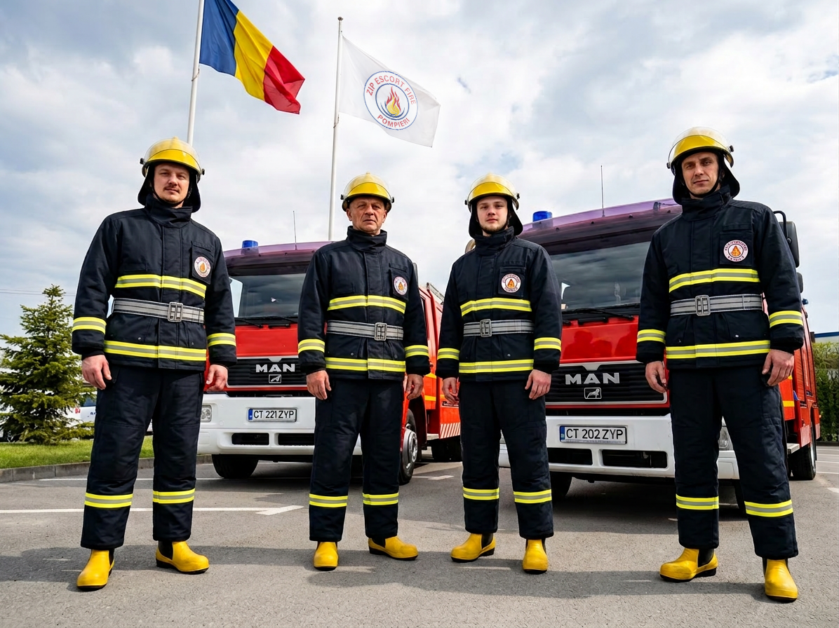 Echipa Zip Fire în fața autospecialelor de pompieri